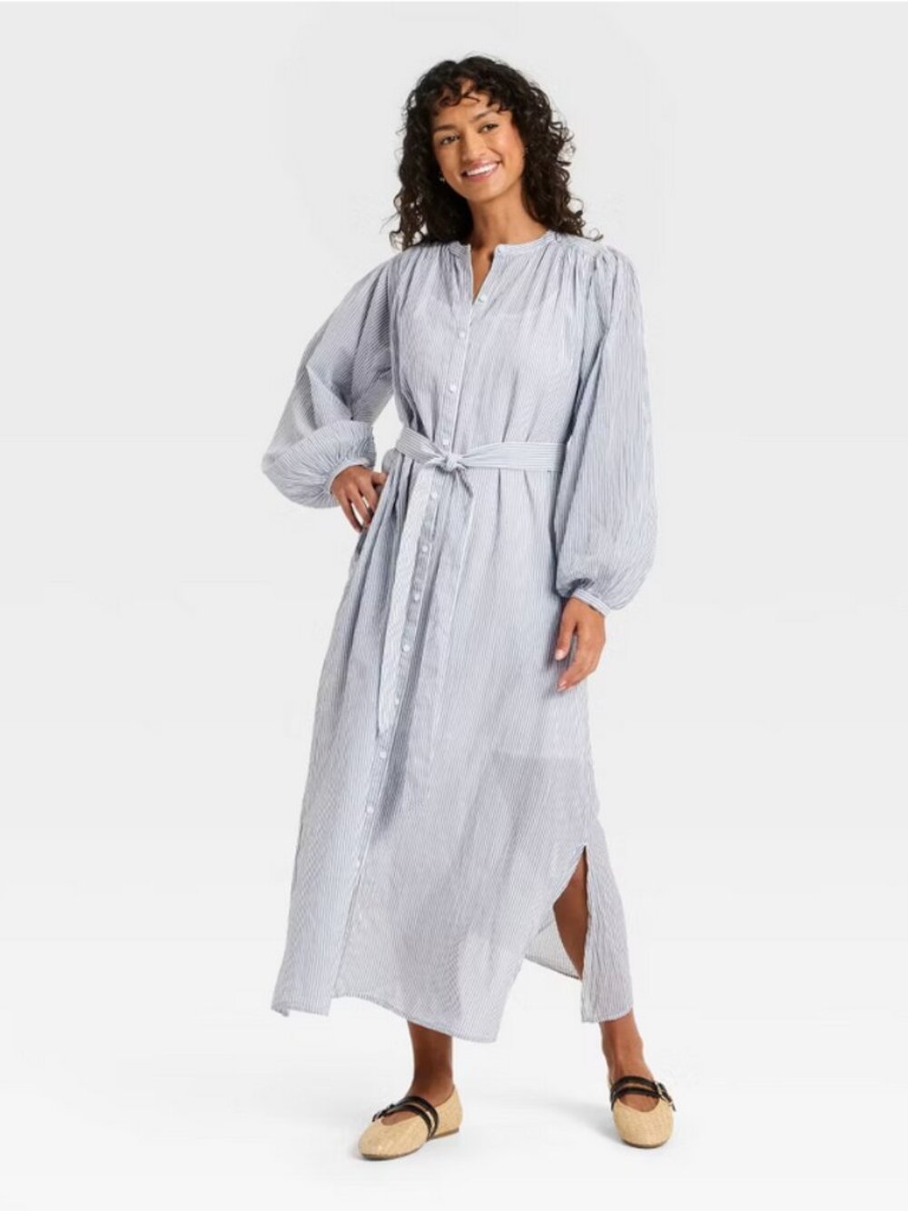 Women's Flounce Long Sleeve Collared Neck Maxi Shirtdress - Universal Thread Nav